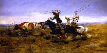 350 人の有名アーティストによるアート作品 Painting - ああ 雄牛をロープで繋ぐカウボーイたち 1892年 チャールズ・マリオン・ラッセル